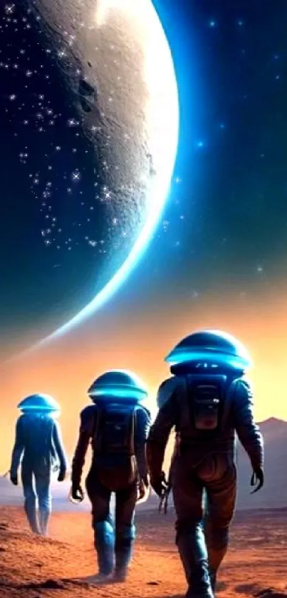 Astronauts walking on an alien planet under a crescent moon.
