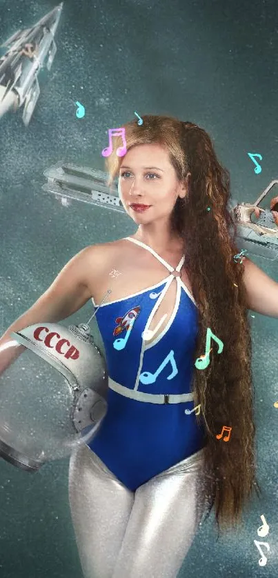 Retro space-themed wallpaper with a female astronaut and spacecraft.