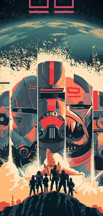 Futuristic space warriors and robots in vibrant sci-fi wallpaper.