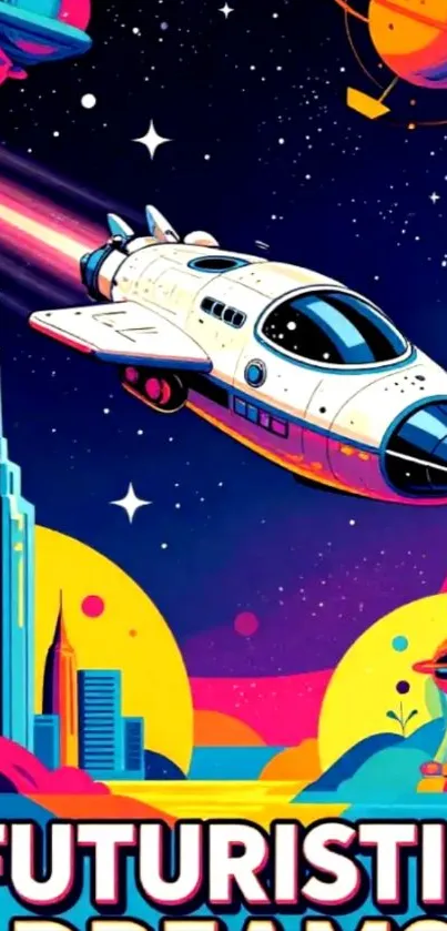 Futuristic space-themed wallpaper with a spaceship.