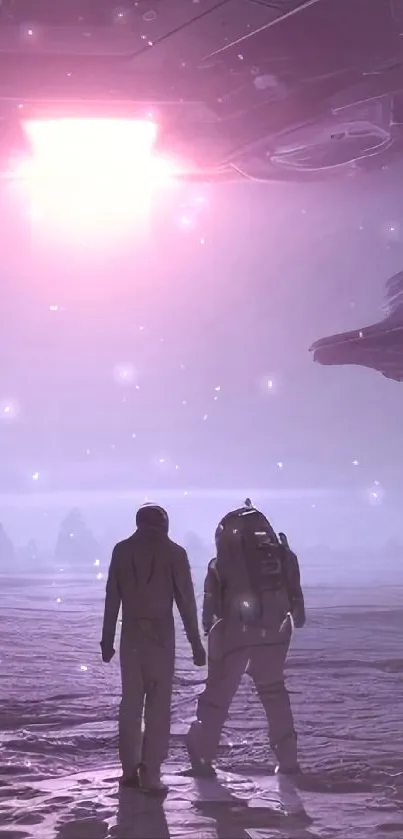 Two astronauts in a pink-lit alien landscape.