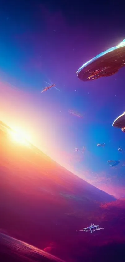 Futuristic space scene with starships and planets.