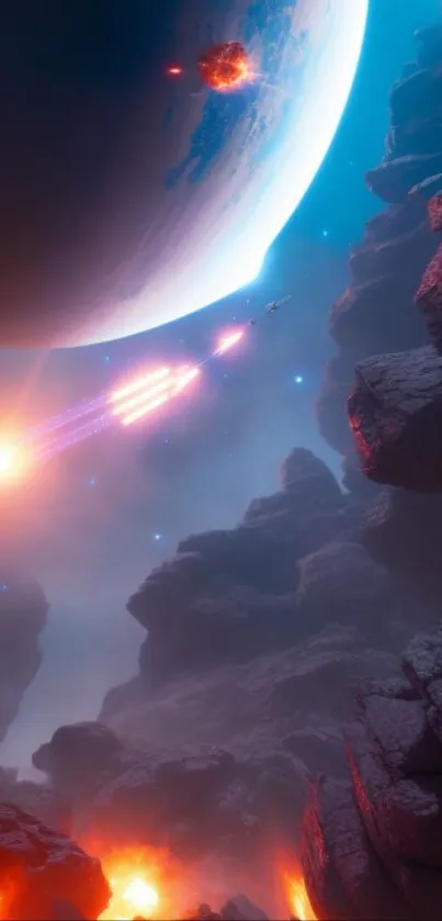 Futuristic space wallpaper with planet and cosmic scene for mobile use.