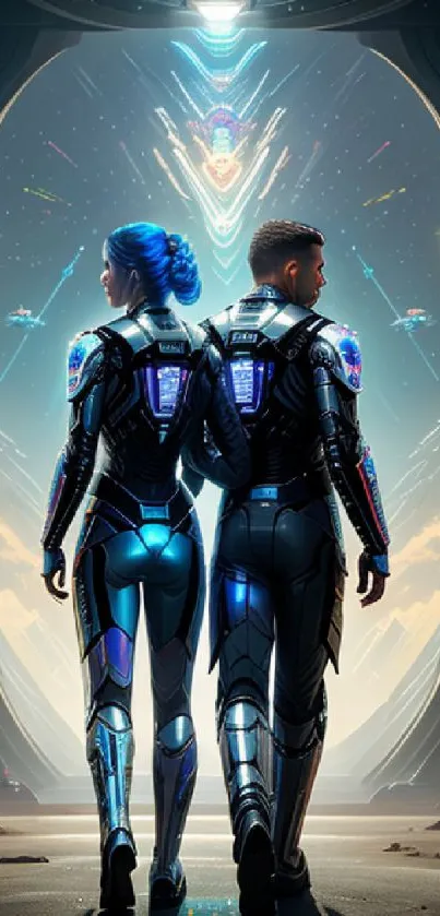 Two astronauts in futuristic suits embark on a cosmic adventure in space.