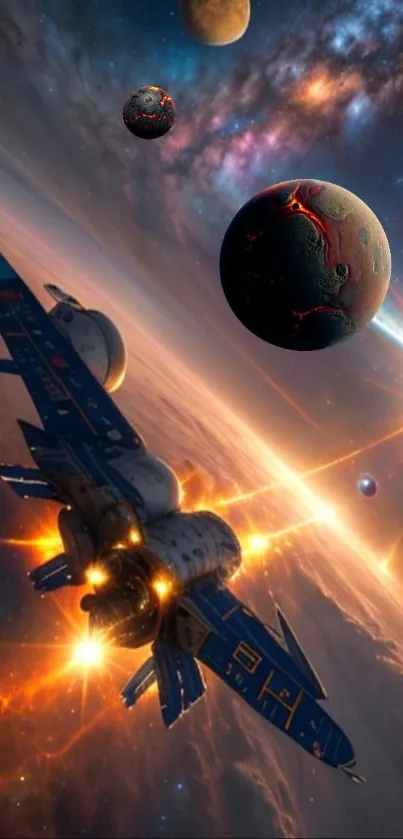 Spaceship flying amongst colorful planets, set in deep space.