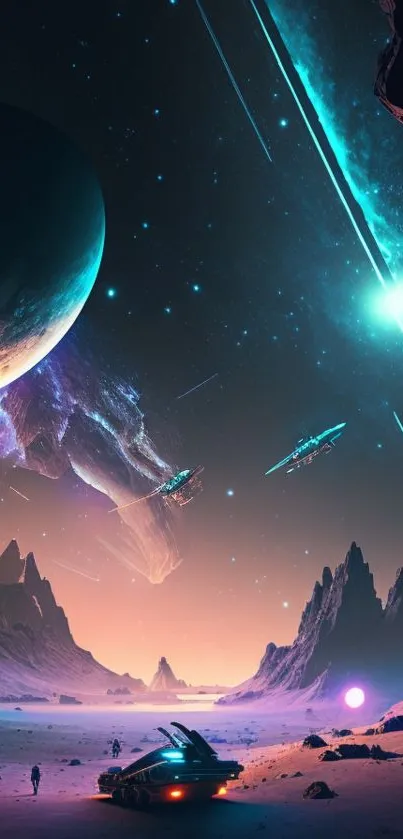 Futuristic cosmic landscape with planets and stars in a vibrant setting.
