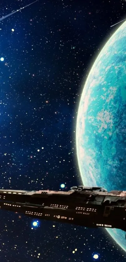 Spaceship near a vibrant planet in a starry galaxy.