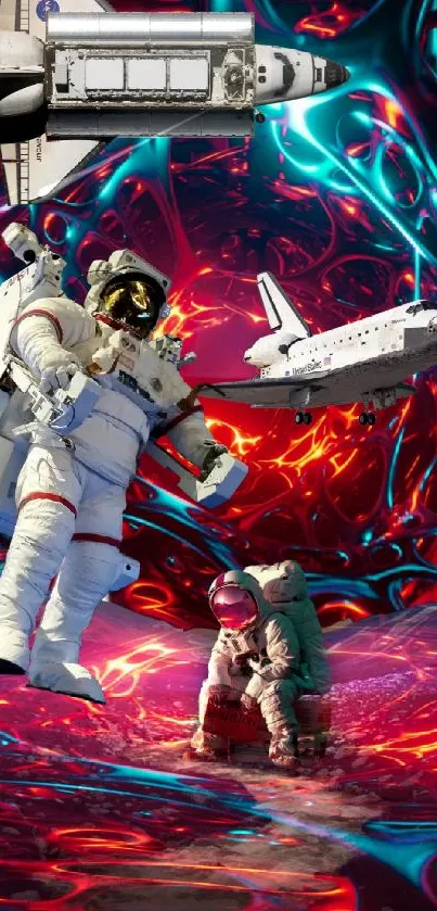 Space explorers and shuttle scene in vivid colors.