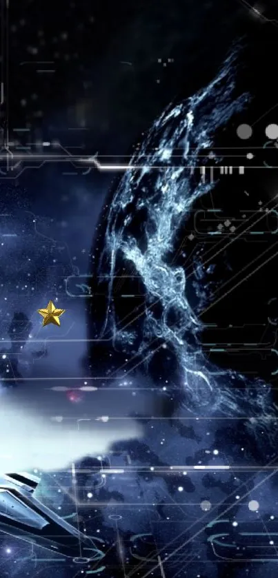 Futuristic spaceship traveling through a dark blue galaxy with stars.