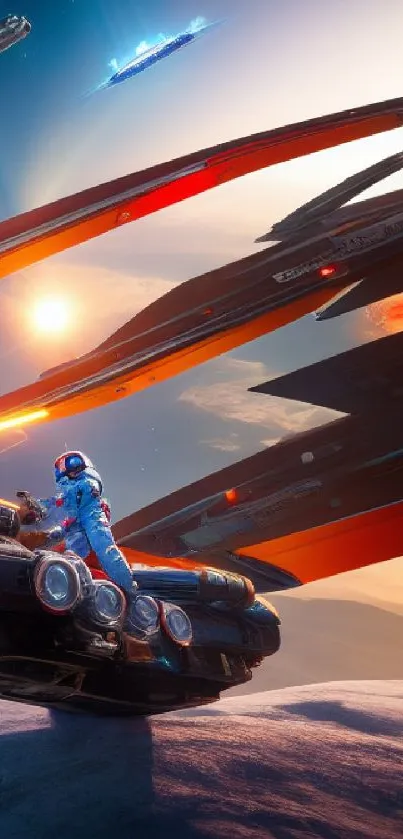 Futuristic spaceship and astronaut exploring vibrant cosmic landscape.