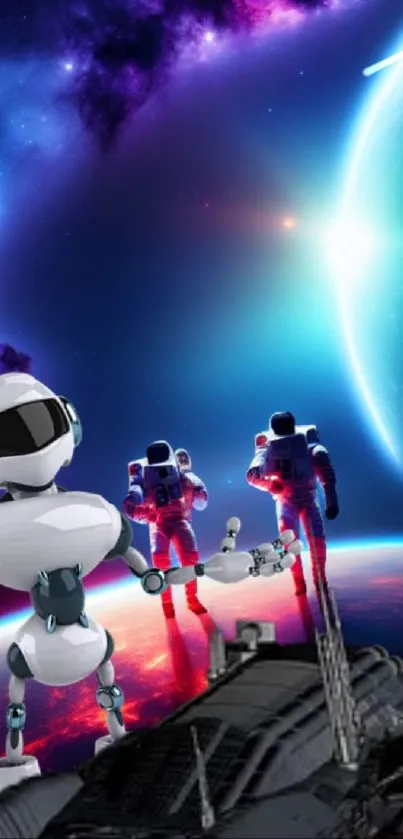 Futuristic space scene with robot and astronauts on a brightly lit planet.