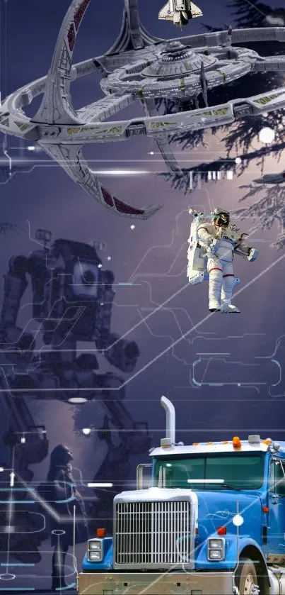 Futuristic sci-fi wallpaper with astronaut and spacecraft.