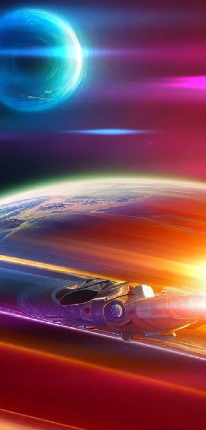 Futuristic spaceship flying past planets in vibrant space scene.