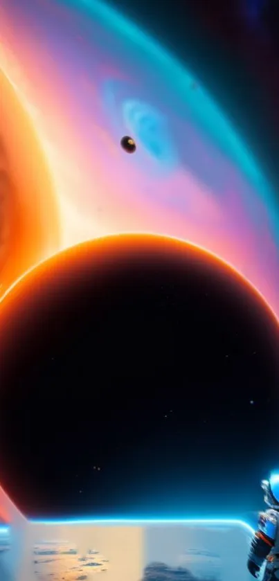 A lone astronaut admires a black planet with vibrant cosmic colors.