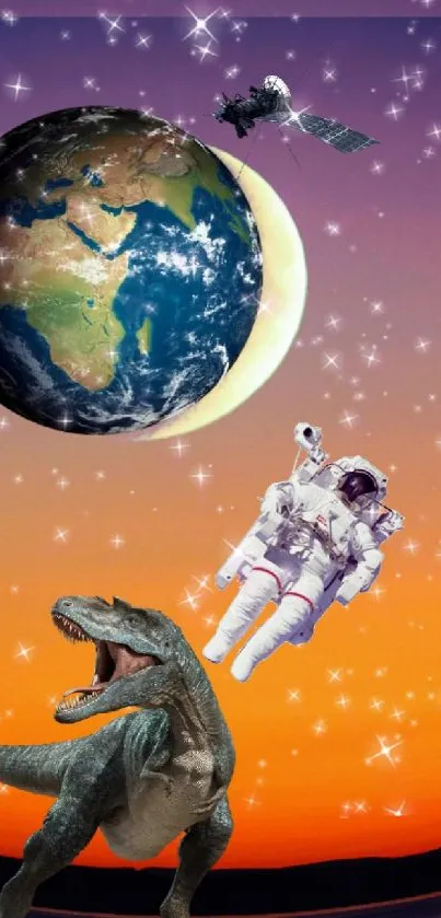 Astronaut, dinosaur, and planet in colorful space scene.