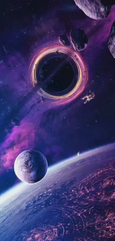 Futuristic space scene with planets and black hole.