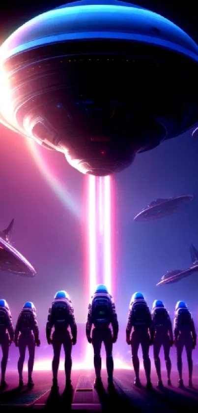 Astronauts under a glowing UFO in space scene.