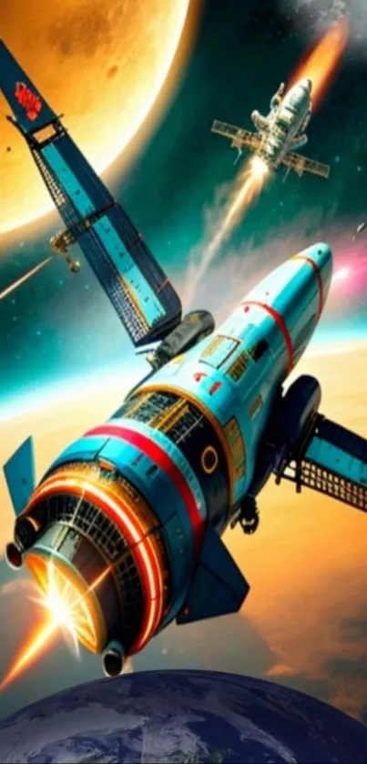 Futuristic spacecraft near planet in space.