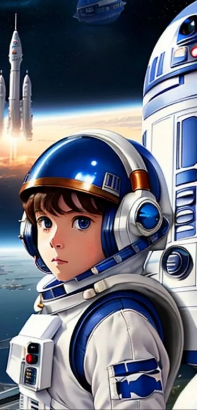 Young astronaut and robot in space-themed wallpaper.