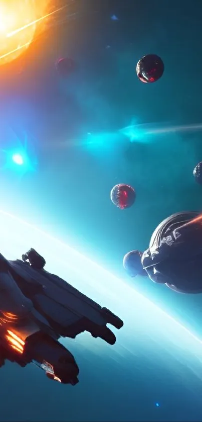 Futuristic starship traveling through colorful space.