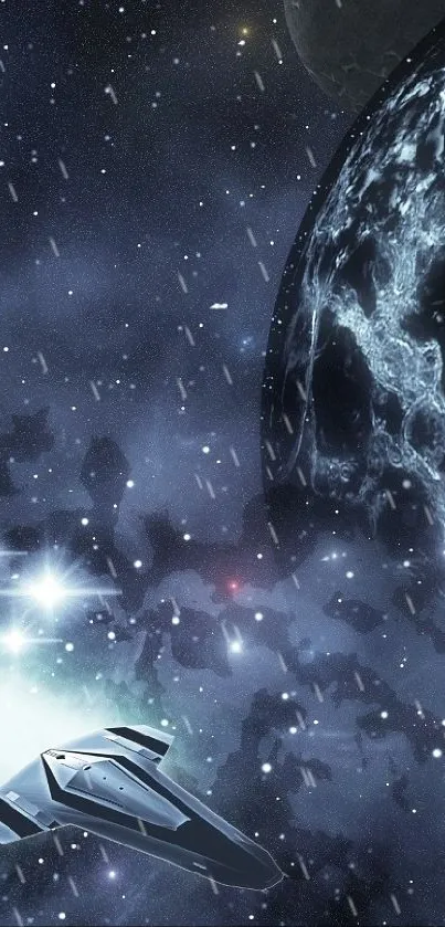 Futuristic spaceship traveling through dark cosmos with planets and stars.