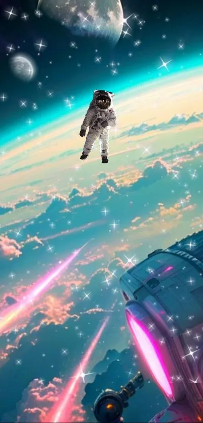 Futuristic spaceship in outer space with celestial bodies and dramatic lighting.