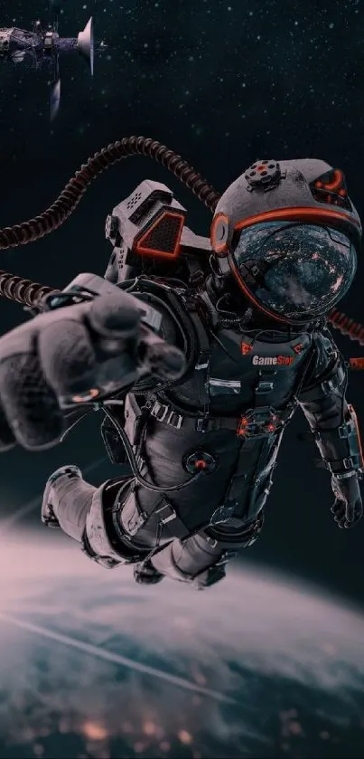 Astronaut floating above Earth in space-themed wallpaper.