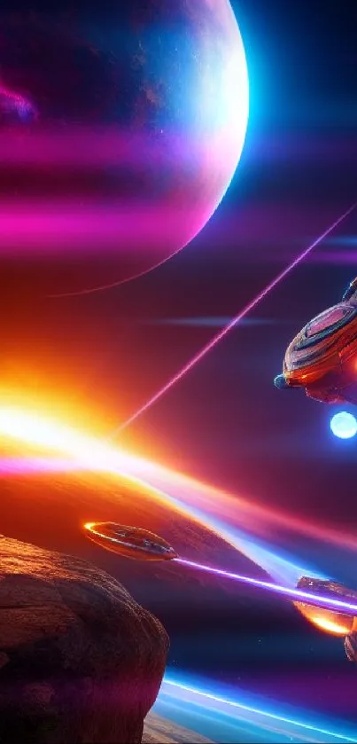 Futuristic spacecraft and planets in colorful space scene wallpaper.