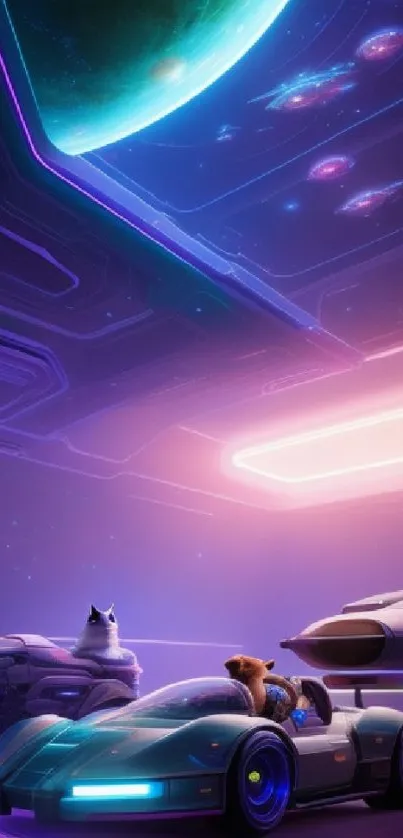 Futuristic space scene with neon cars and cosmic backdrop.