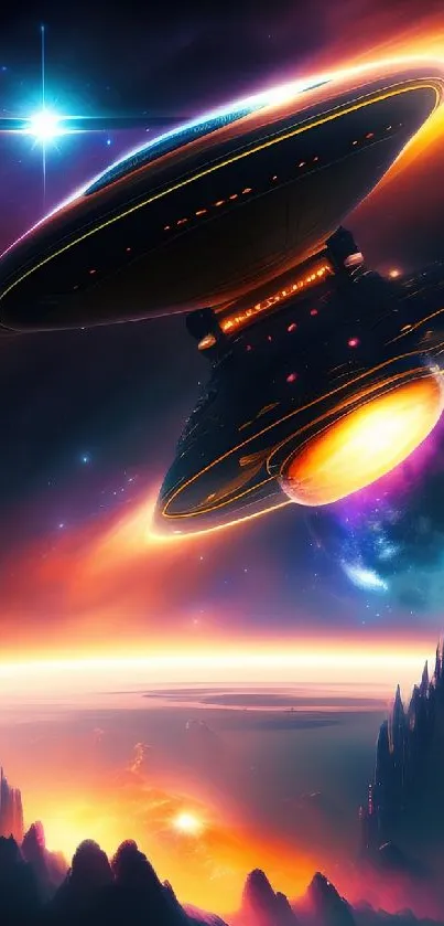 Futuristic spaceship in vibrant galaxy scene.