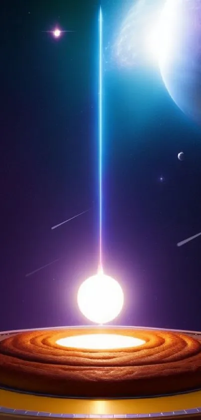 Futuristic cosmic scene with planets and glowing light beam in space.