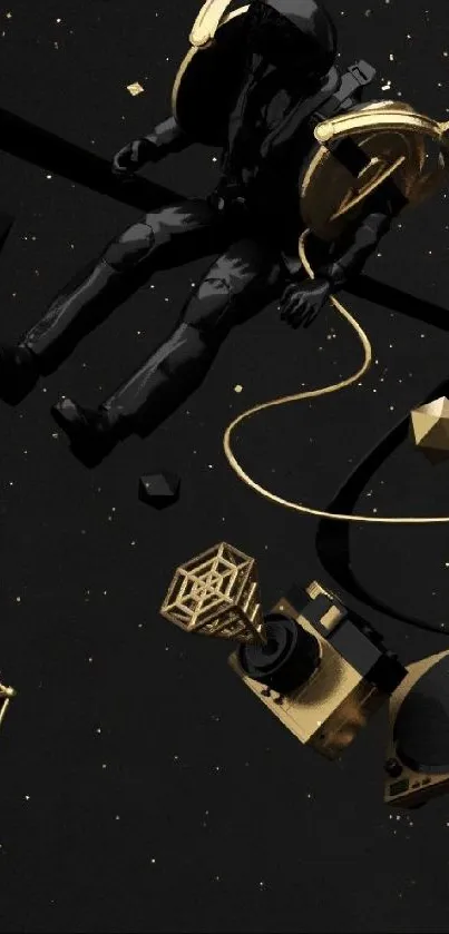 Astronaut floating in dark space with gold geometric shapes.