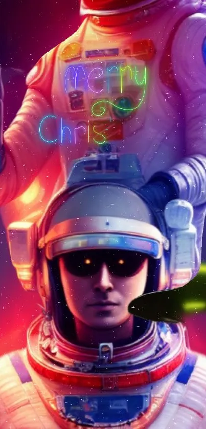 Futuristic astronaut in space with neon colors and cosmic theme.