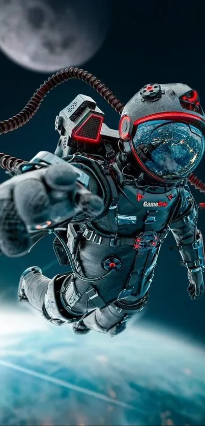 Astronaut in futuristic suit floating in space with Earth and moon in background.