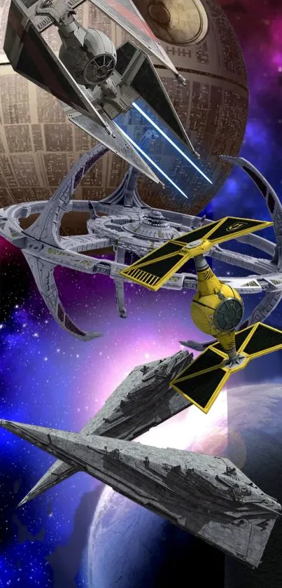 Futuristic starships in an epic interstellar battle in space.