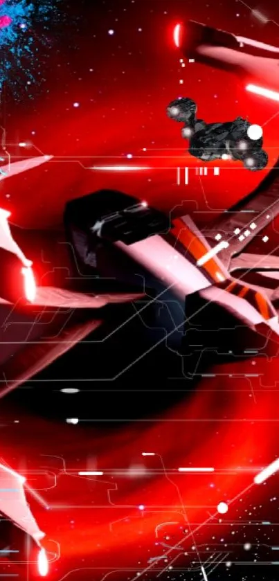Futuristic red spaceship in cosmic battle scene.