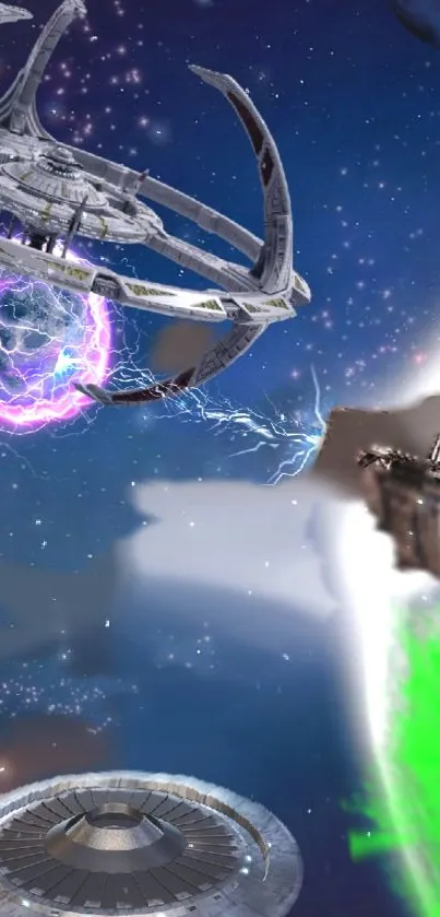 Futuristic spacecraft in cosmic battle scene on mobile wallpaper.