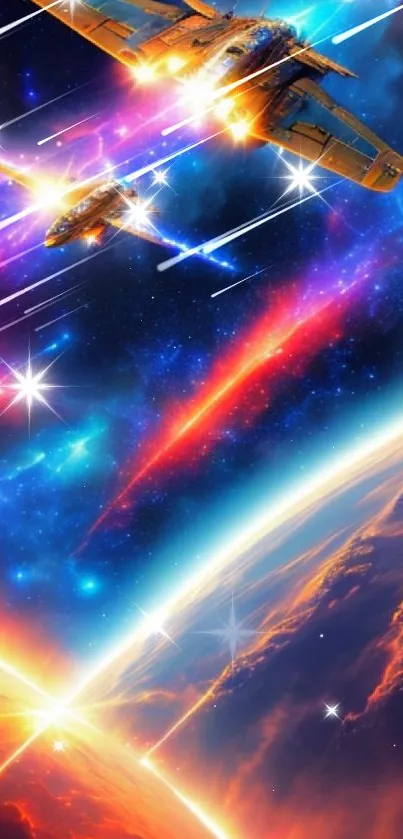 Futuristic space battle with colorful starfields and planets.