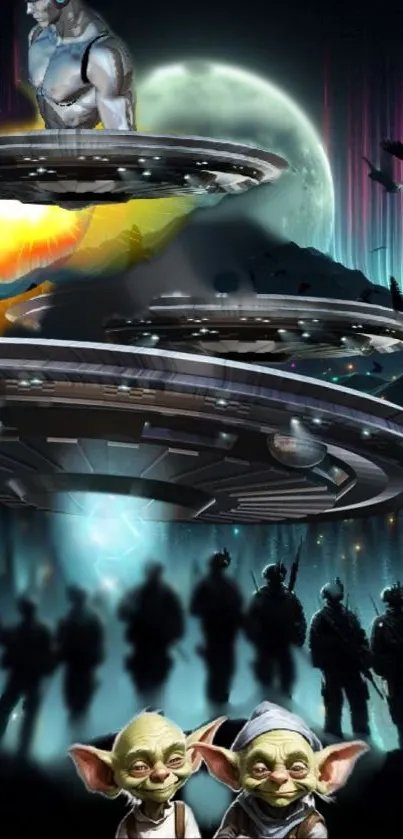 Sci-Fi wallpaper with aliens, moon, soldiers, and vibrant aurora.