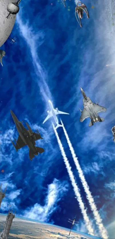 Futuristic space battle with jets and spaceships.