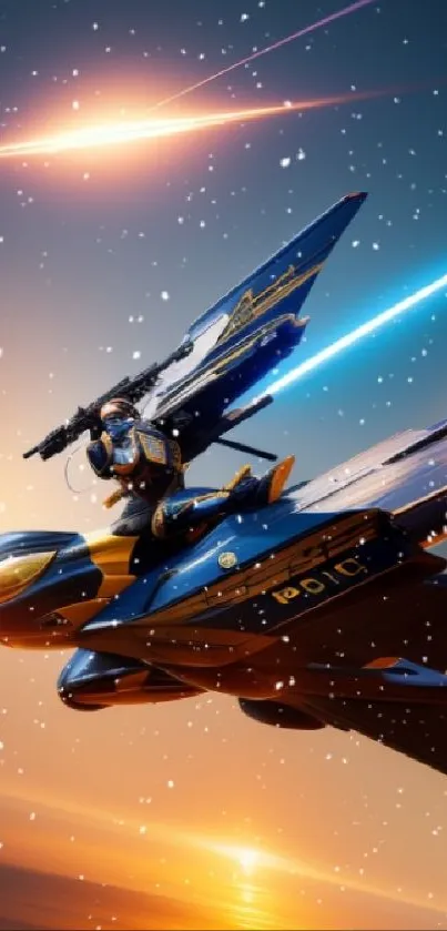 Futuristic space battle jet soaring through vibrant cosmic skies.