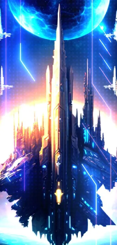 Futuristic starships in space battle with a glowing galaxy backdrop.