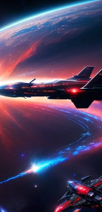 Futuristic starships battling in outer space with vibrant colors.