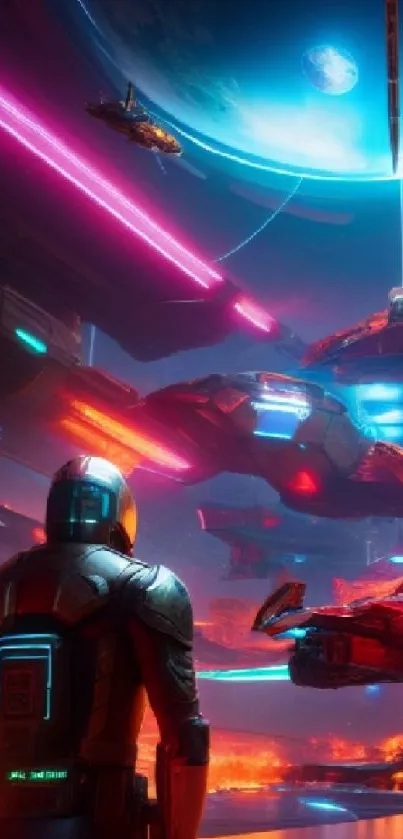 Futuristic space battle scene with neon-lit spaceships and an astronaut.
