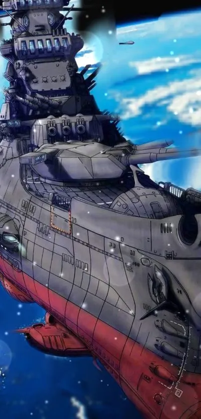 Futuristic space battleship cruising in the cosmos, set against a vibrant blue background.