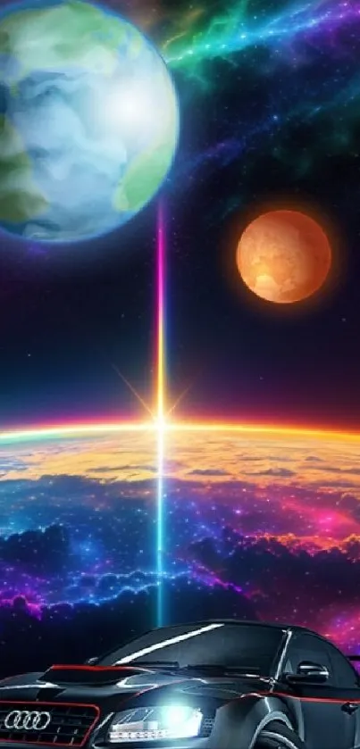 Futuristic car with planets and a colorful galaxy in the background.