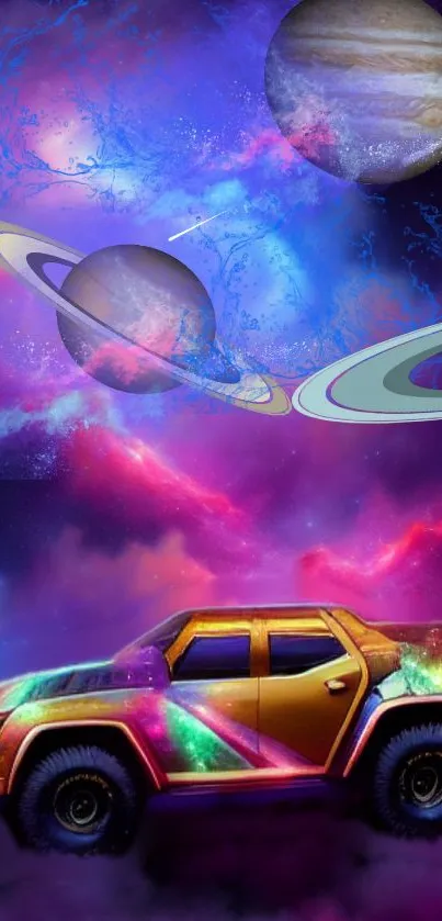 Futuristic car in space with planets and vibrant colors.