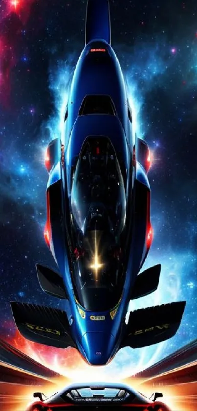 Futuristic space car with cosmic backdrop in vibrant colors.