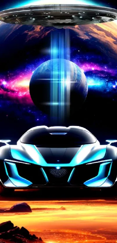 Futuristic car under UFO in vibrant space scene.