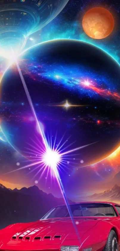 Futuristic car in a cosmic space scene with planets and galaxies.